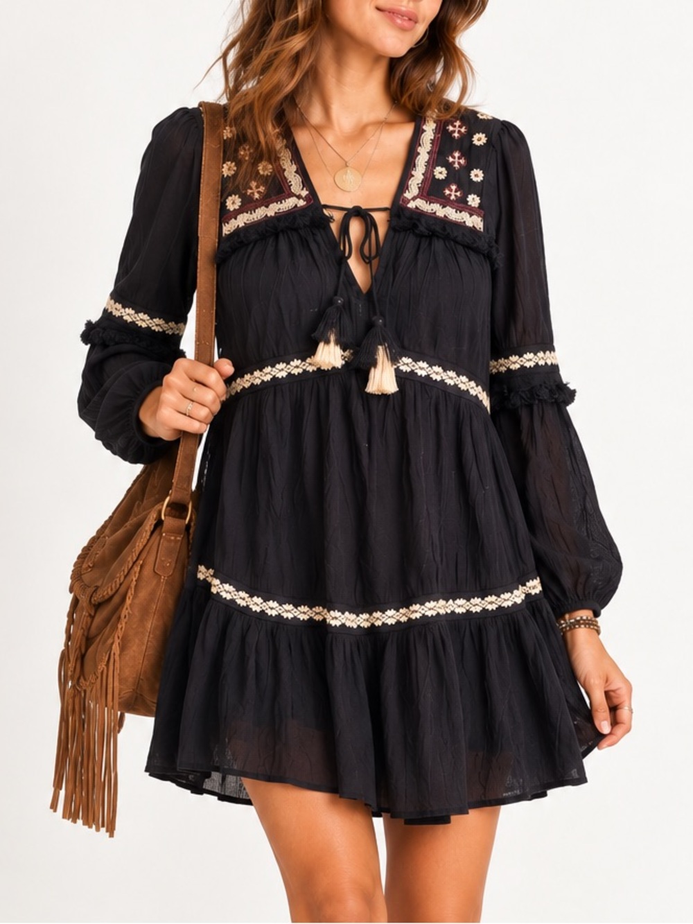 American Eagle Outfitters Black Embroidered Boho Peasant Mini Dress Tunic XS